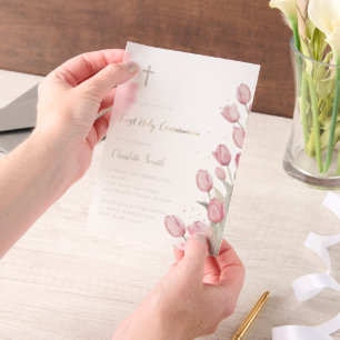 First Holy Communion pink tulips Vellum Invitations
