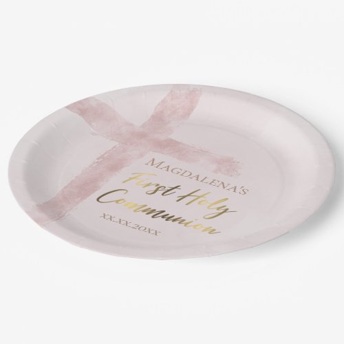 First Holy Communion pink watercolor cross Paper Plates
