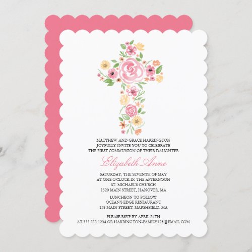 First Holy Communion Pink Watercolor Flower Cross Invitation