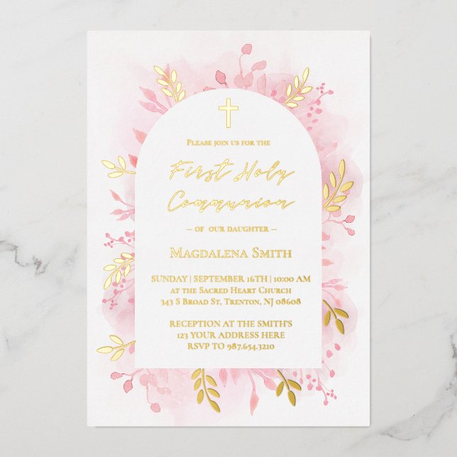 First Holy Communion pink watercolor  Foil Invitation (Front)