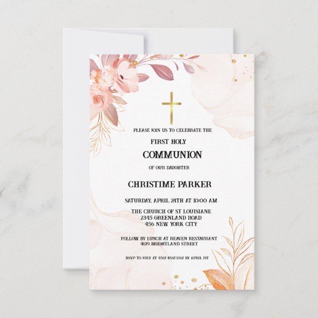 First holy communion pink watercolor splash  invit invitation (Front)
