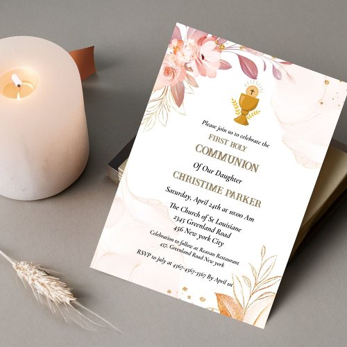 First holy communion pink watercolor splash  invit invitation
