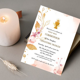 First holy communion pink watercolor splash invitation