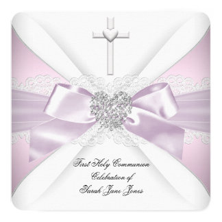 First Holy Communion Pink White Silver Heart Girl Card