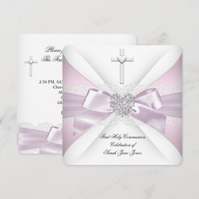 First Holy Communion Pink White Silver Heart Girl Invitation (Front/Back)