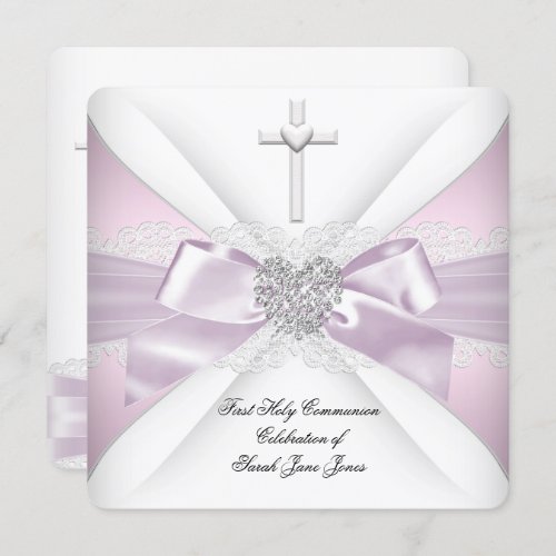 First Holy Communion Pink White Silver Heart Girl Invitation