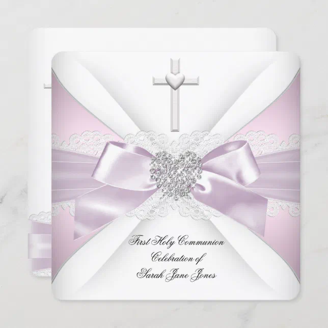 First Holy Communion Pink White Silver Heart Girl Invitation | Zazzle
