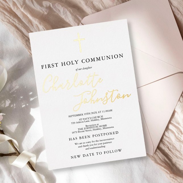 First Holy Communion Postponed New Date Foil Invitation (Creator Uploaded)