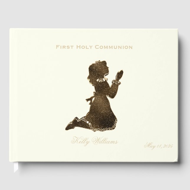 First Holy Communion Praying Girl Gold Elegant Guest Book (Front)