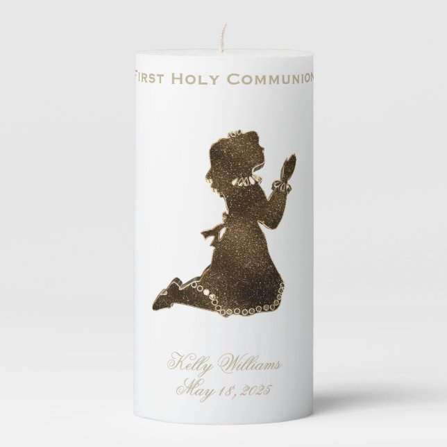 First Holy Communion Praying Girl Gold Elegant Pillar Candle (Front)