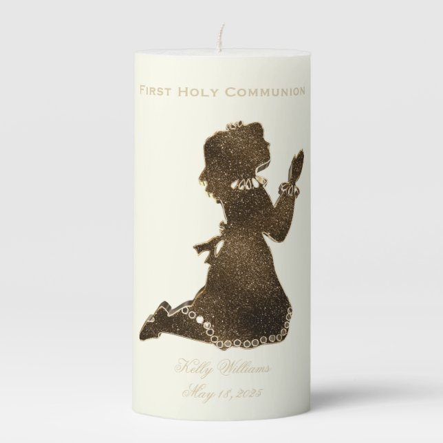 First Holy Communion Praying Girl Gold Elegant Pillar Candle (Front)