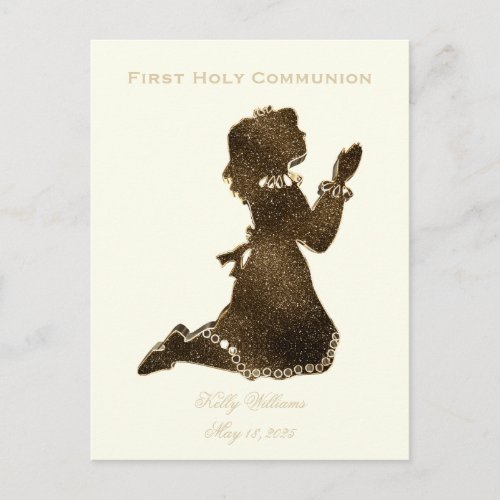 First Holy Communion Praying Girl Gold Elegant Postcard