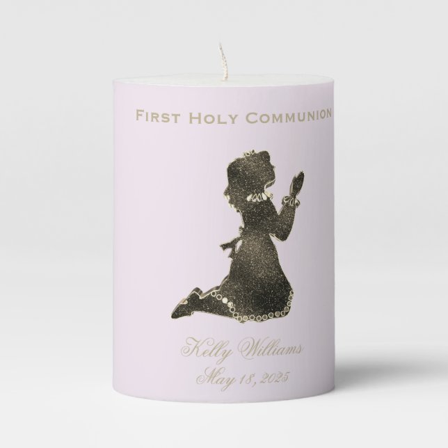 First Holy Communion Praying Girl Pink Elegant Pillar Candle (Front)