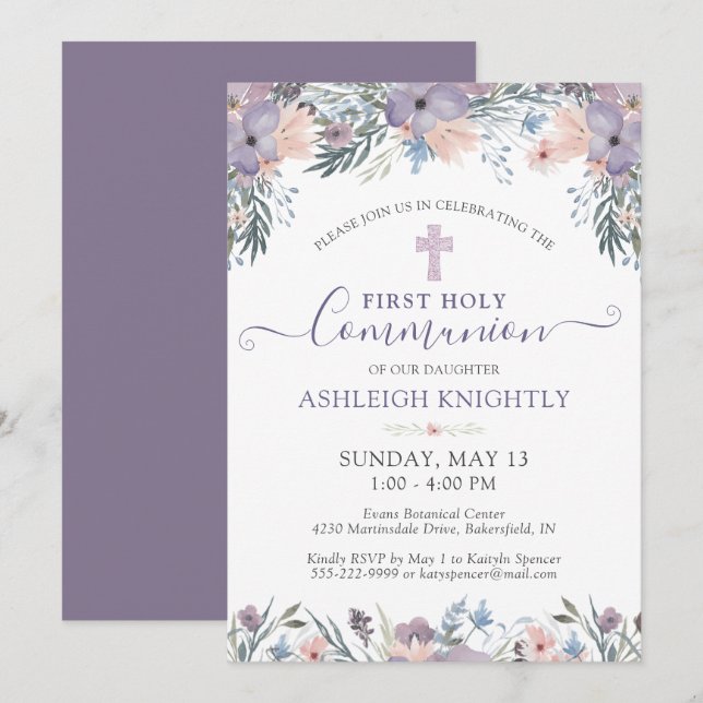 First Holy Communion Purple Floral Cross Invitation (Front/Back)