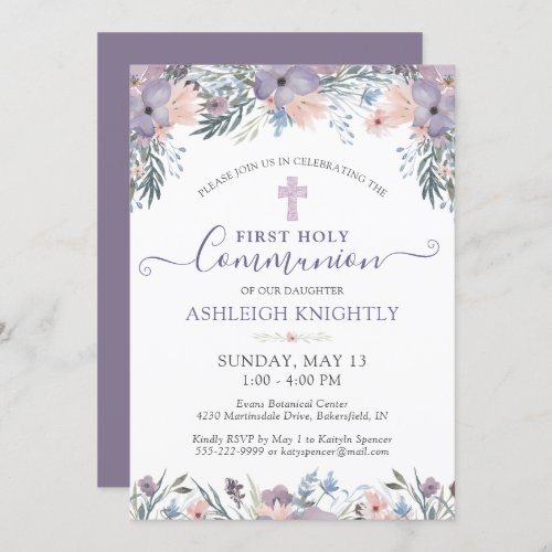 First Holy Communion Purple Floral Cross Invitation