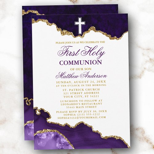 First Holy Communion Purple Gold Marble Geode Invitation
