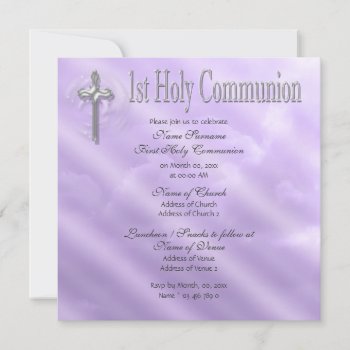 First Holy Communion Purple Religious Invitation by mensgifts at Zazzle