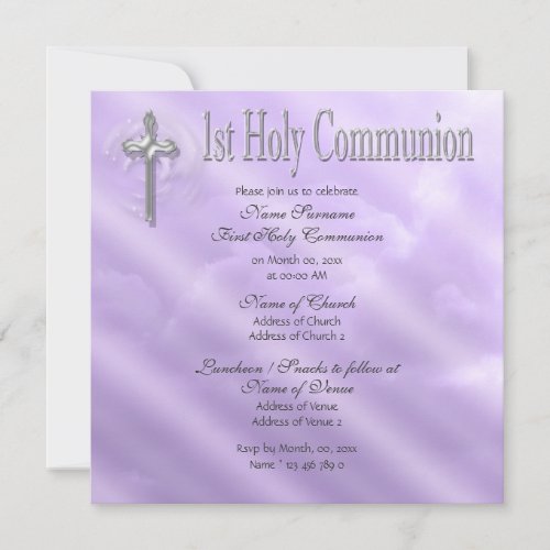 First holy communion purple religious invitation