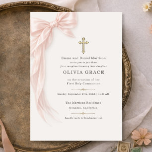 First Holy Communion Reception Pink Bow Girl Invitation
