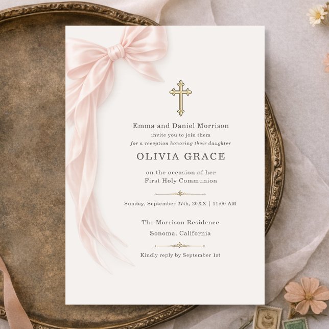 First Holy Communion Reception Pink Bow Girl  Invitation (Creator Uploaded)