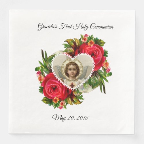 First Holy Communion Red Roses Jesus Cross Paper Dinner Napkins
