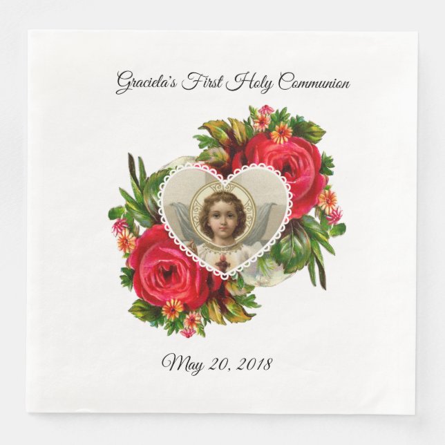 First Holy Communion Red Roses Jesus Cross Paper Dinner Napkins (Front)