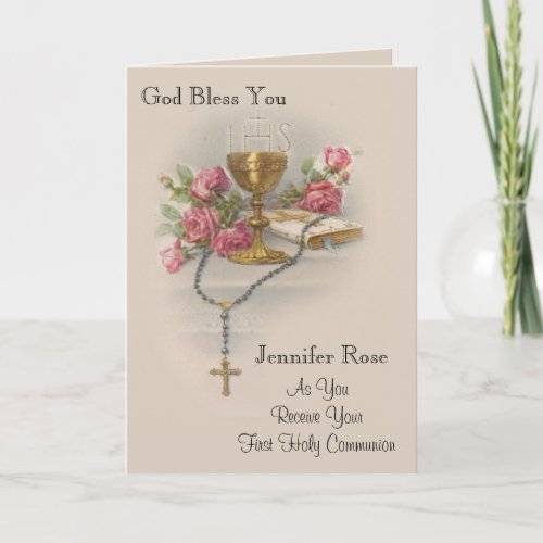 First Holy Communion Rosary Roses Bible Holiday Card