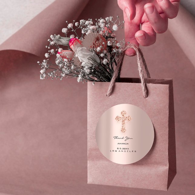 First Holy Communion Rose Drips Christian Cross In Classic Round Sticker (Creator Uploaded)