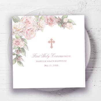 First Holy Communion Rose Floral Cocktail Napkins by Celebrais at Zazzle