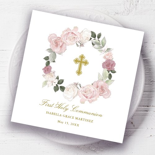 First Holy Communion Rose Floral Cocktail Napkins