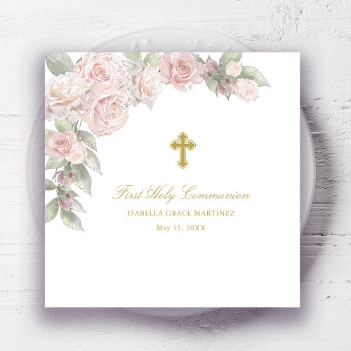 First Holy Communion Rose Floral Cocktail Napkins