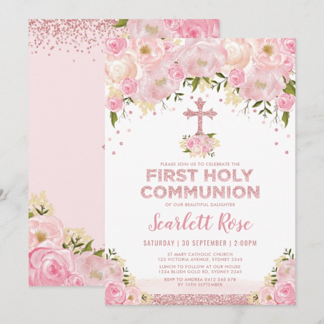 First Holy Communion Rose Gold Blush Pink Floral Invitation (Front/Back)