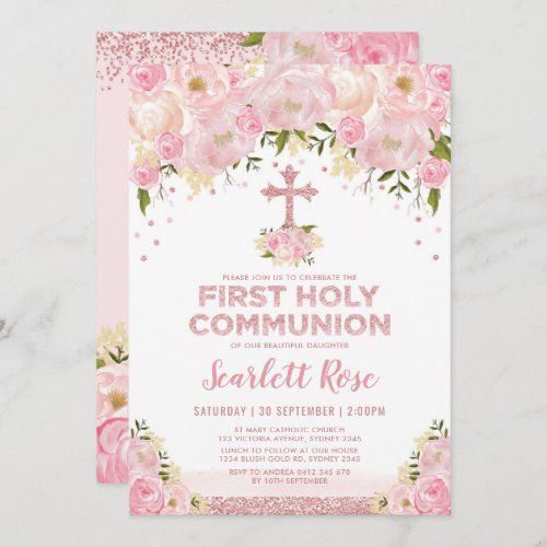 First Holy Communion Rose Gold Blush Pink Floral Invitation