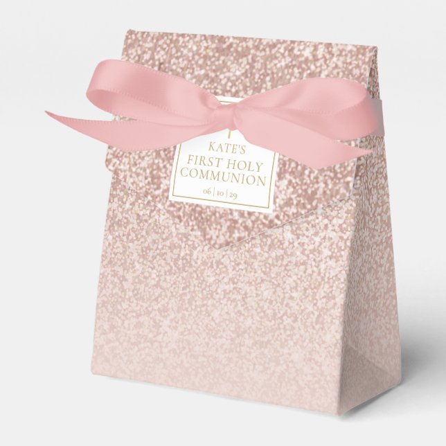 First Holy Communion Rose Gold Glitter Favor Boxes (Front Side)