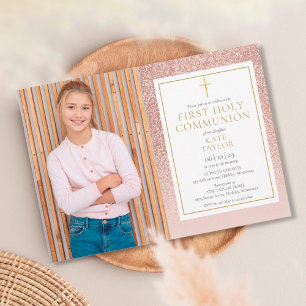 First Holy Communion Rose Gold Glitter Photo Invitation