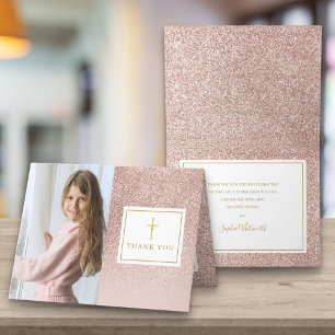 First Holy Communion Rose Gold Glitter Photo Letterpress Thank You Card
