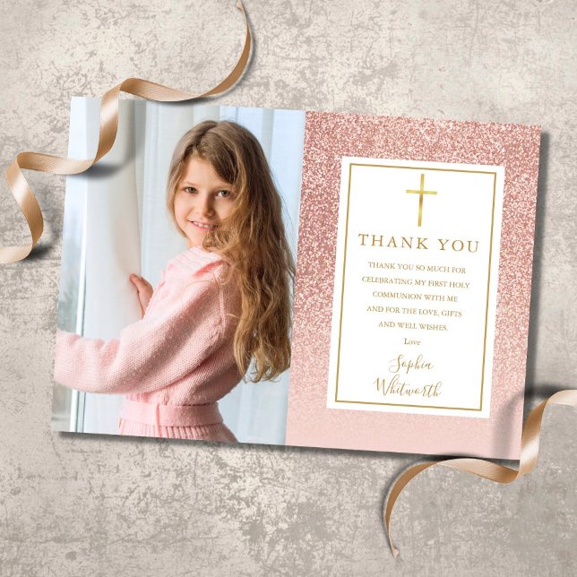 First Holy Communion Rose Gold Glitter Photo Thank You Card (Creator Uploaded)