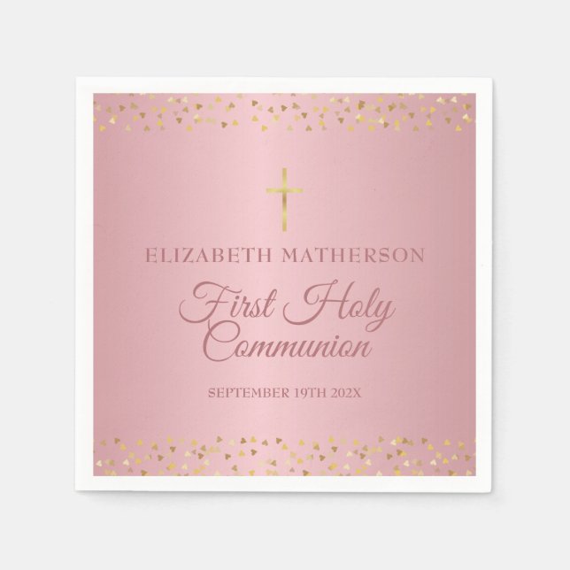 First Holy Communion Rose Gold Hearts Napkins (Front)