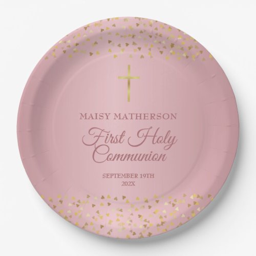 First Holy Communion Rose Gold Hearts Paper Plates