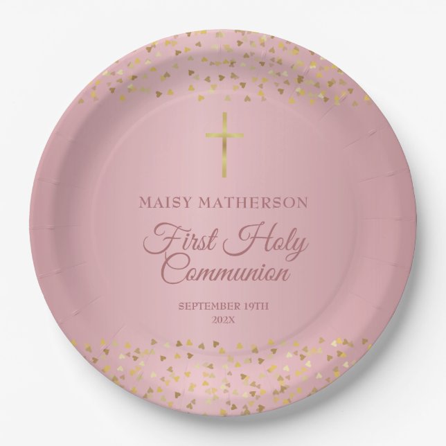 First Holy Communion Rose Gold Hearts Paper Plates (Front)