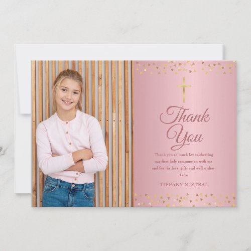 First Holy Communion Rose Gold Hearts Thank You Card