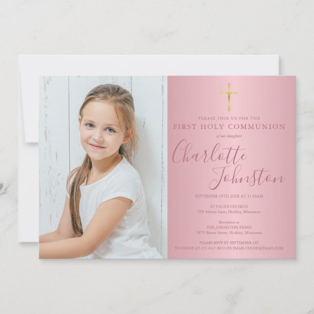 First Holy Communion Rose Gold Script Photo Invitation (Front)