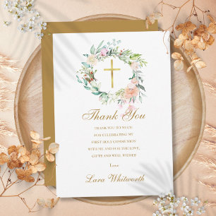 First Holy Communion Roses Floral Gold Script Thank You Card
