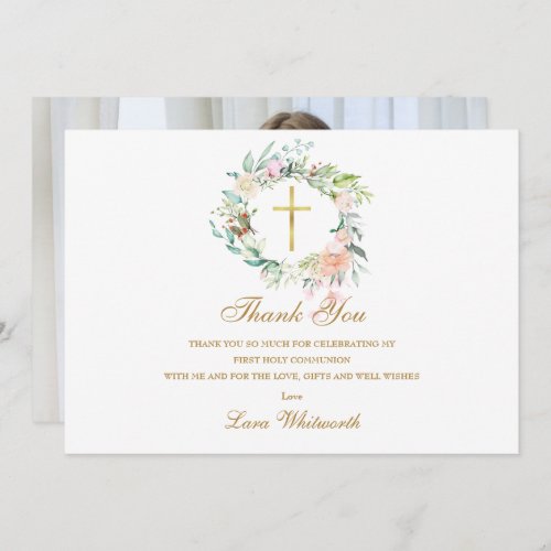 First Holy Communion Roses Floral Photo Gold Thank You Card