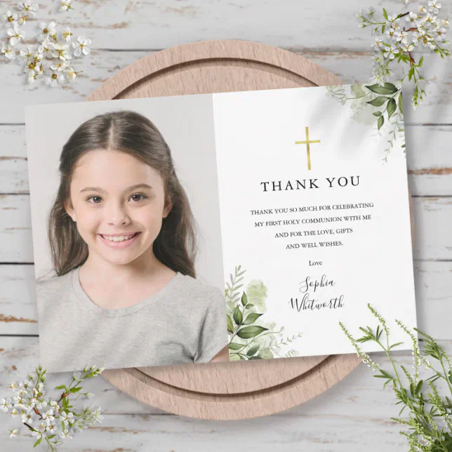 First Holy Communion Rustic Greenery Photo Thank You Card | Zazzle