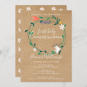 First Holy Communion Rustic Modern Floral Invitation