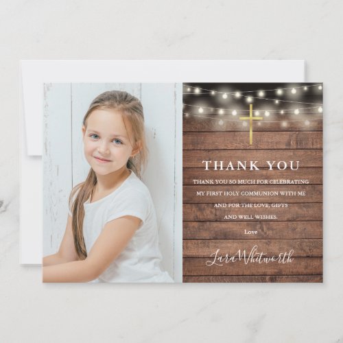 First Holy Communion Rustic String Lights Photo Thank You Card