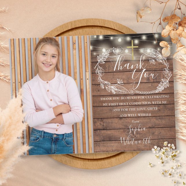 First Holy Communion Rustic String Lights Photo Thank You Card (Creator Uploaded)