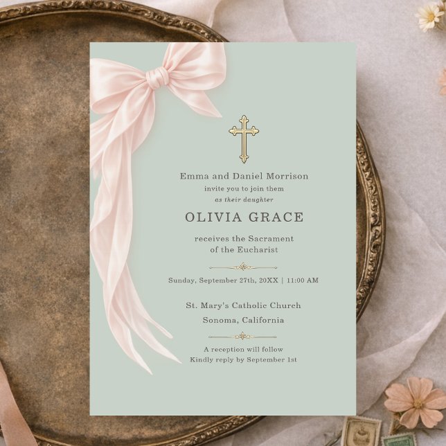 First Holy Communion Sage Green Bow Girl  Invitation (Creator Uploaded)