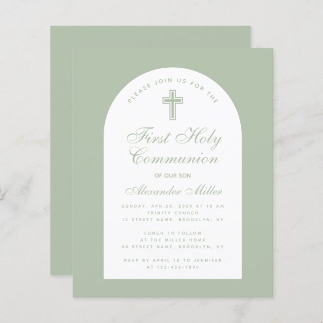 First Holy Communion Sage Green Budget Invitation (Front/Back)